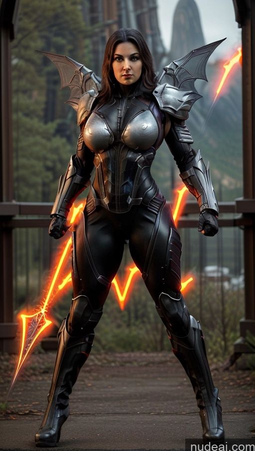 ai nude image of arafed woman in a black leather outfit with a lightning bolt pics of Bodybuilder Perfect Boobs Muscular Abs Science Fiction Style Vampire Has Wings Powering Up Sci-fi Armor Mech Suit