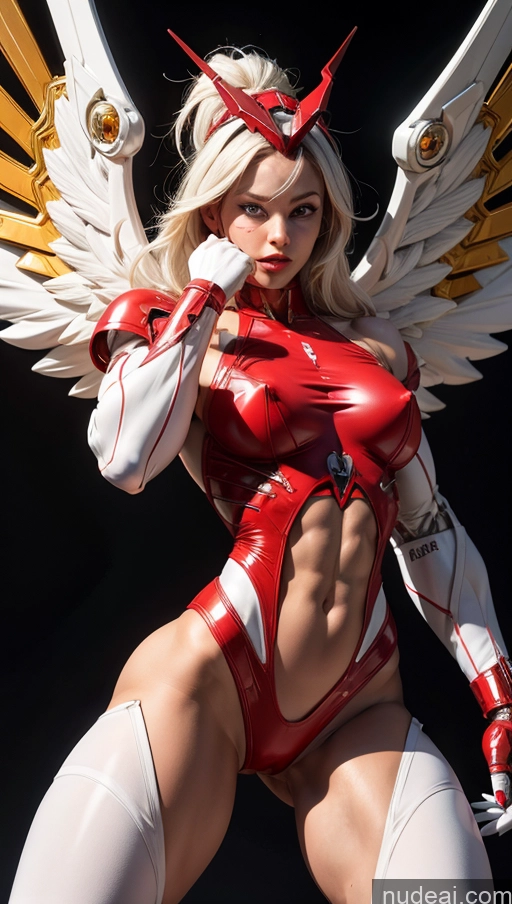 ai nude image of araffed woman in red and white costume posing with wings pics of Vampire Muscular Abs Bodybuilder Angel Perfect Boobs Science Fiction Style SSS: A-Mecha Musume A素体机娘 Powering Up