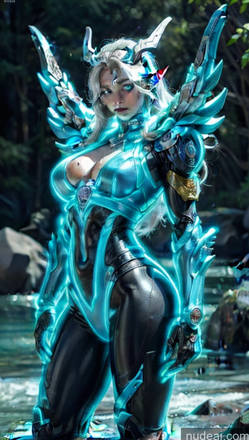 ai nude image of arafed woman in a blue and black outfit standing in a river pics of Vampire Muscular Abs Bodybuilder Perfect Boobs Science Fiction Style SSS: A-Mecha Musume A素体机娘 Powering Up Deep Blue Eyes Has Wings Tattoos Neon Lights Clothes: Blue