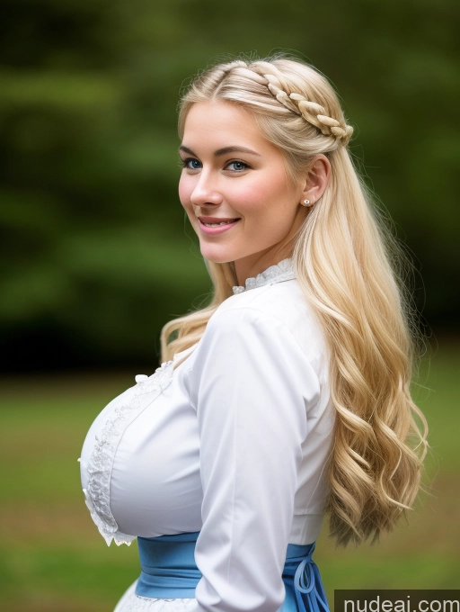 ai nude image of blonde woman with blue dress and braided hair posing for a picture pics of Scandinavian Huge Boobs Beautiful Perfect Body 18 Blonde Happy Sexy Face Victorian Traditional Cleavage Shocked Laughing Side View