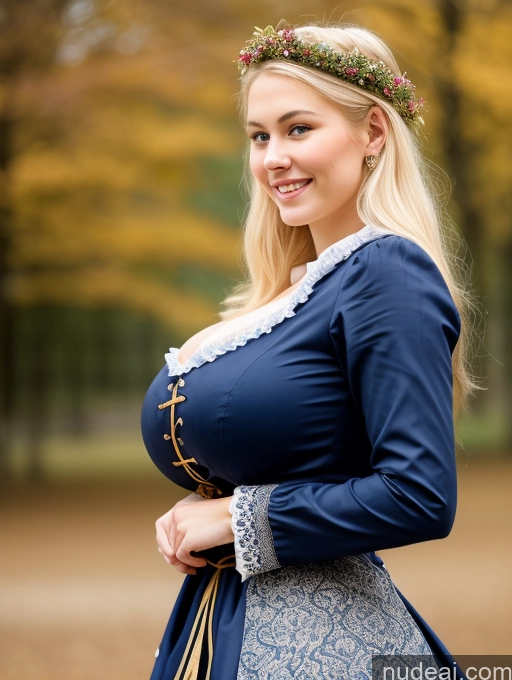 ai nude image of blonde woman in blue dress with floral crown and blue dress pics of Scandinavian Huge Boobs Beautiful Perfect Body 18 Blonde Happy Sexy Face Victorian Traditional Cleavage Shocked Laughing Side View