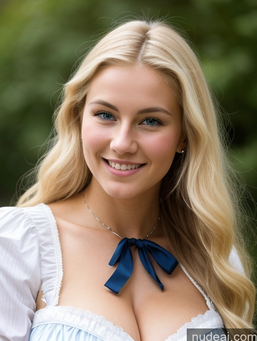 ai nude image of blonde woman with blue bow tie smiling at camera in outdoor setting pics of Scandinavian Huge Boobs Beautiful Perfect Body 18 Blonde Happy Sexy Face Victorian Traditional Cleavage Shocked Laughing Side View