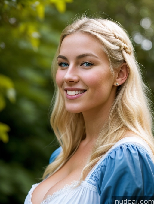 ai nude image of blonde woman with blue dress and braided hair smiling at camera pics of Scandinavian Huge Boobs Beautiful Perfect Body 18 Blonde Happy Sexy Face Victorian Traditional Cleavage Shocked Laughing Side View