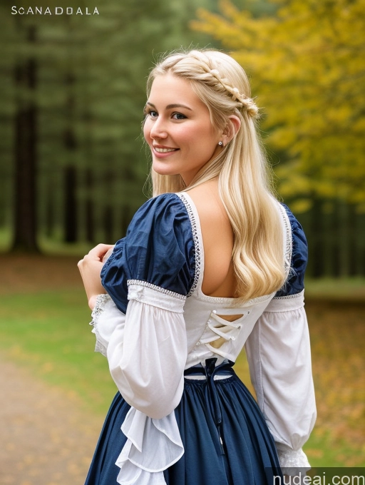 ai nude image of arafed woman in a blue dress with a white blouse and a braid pics of Scandinavian Huge Boobs Beautiful Perfect Body 18 Blonde Happy Sexy Face Victorian Traditional Cleavage Shocked Laughing Back View