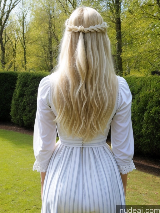 ai nude image of blonde woman with long hair in a white dress standing in a park pics of Scandinavian Huge Boobs Beautiful Perfect Body 18 Blonde Happy Sexy Face Victorian Traditional Cleavage Shocked Laughing Back View