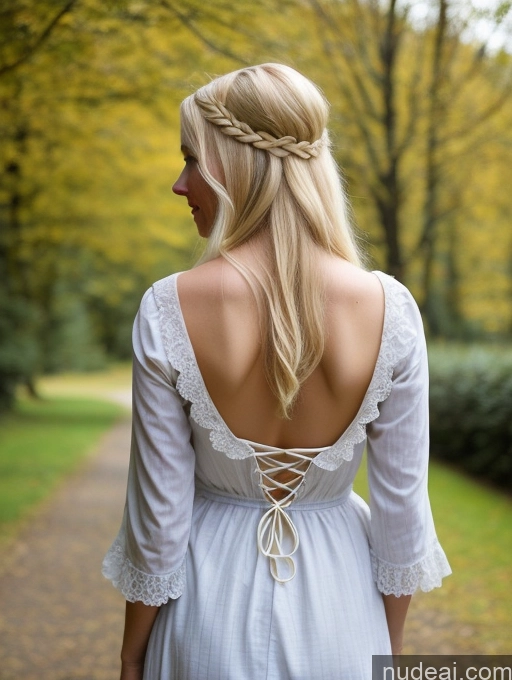 ai nude image of arafed back view of a woman in a white dress walking down a path pics of Scandinavian Huge Boobs Beautiful Perfect Body 18 Blonde Happy Sexy Face Victorian Traditional Cleavage Shocked Laughing Back View