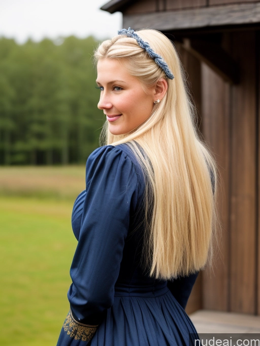 ai nude image of blond woman in blue dress standing in front of a wooden building pics of Scandinavian Huge Boobs Beautiful Perfect Body 18 Blonde Happy Sexy Face Victorian Traditional Cleavage Shocked Laughing Back View