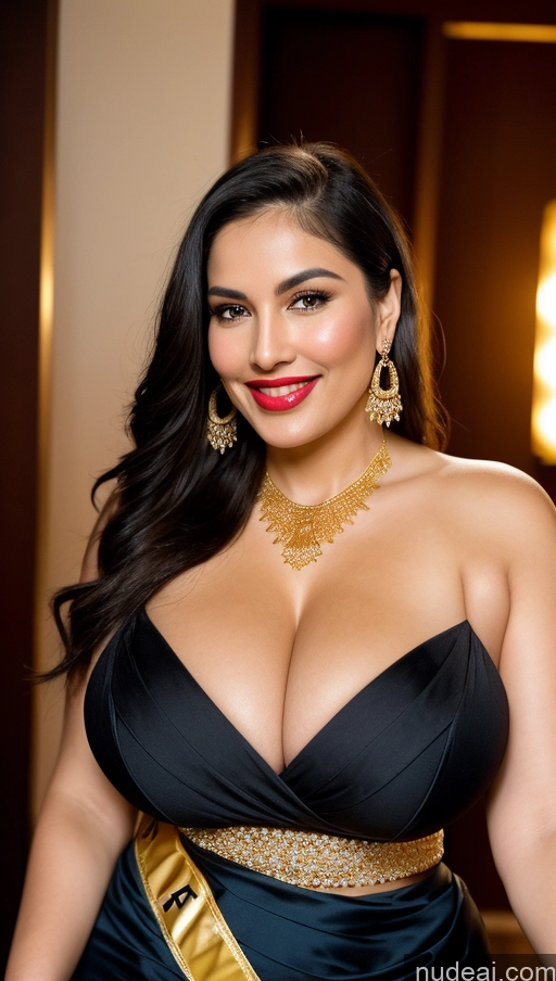 ai nude image of araffe woman in a black dress with a gold sash pics of Miss Universe Model Busty Huge Boobs Beautiful Lipstick Big Ass Chubby Fairer Skin 50s Happy Seductive Sexy Face Black Hair Straight White Onsen Front View Sari Gold Jewelry Jewelry Bright Lighting Alternative