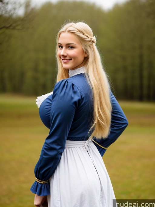 ai nude image of blonde woman in blue dress standing in field with trees in background pics of Scandinavian Huge Boobs Beautiful Perfect Body 18 Blonde Happy Sexy Face Victorian Traditional Cleavage Shocked Laughing Back View Plank