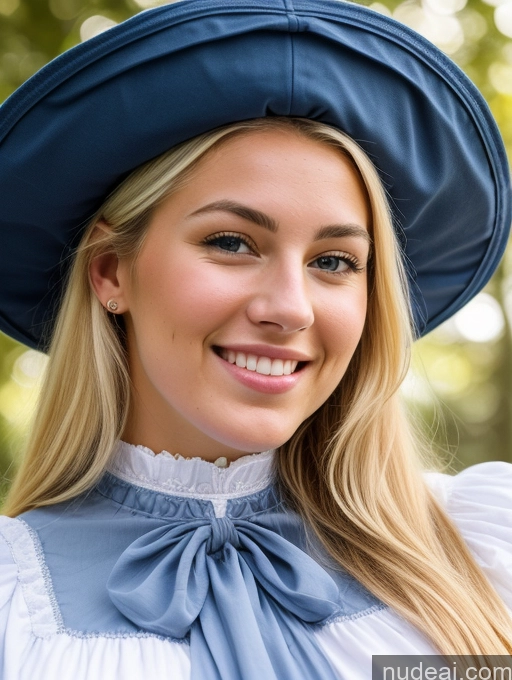 ai nude image of blonde woman in blue hat and white blouse smiling at camera pics of Scandinavian Huge Boobs Beautiful Perfect Body 18 Blonde Happy Sexy Face Victorian Traditional Cleavage Shocked Laughing Plank Close-up View