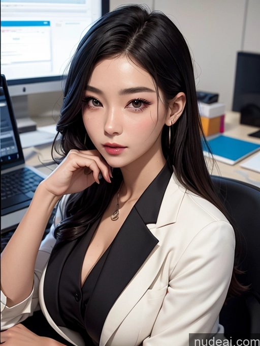 ai nude image of there is a woman sitting at a desk with a laptop pics of Korean Perfect Boobs Suit Office