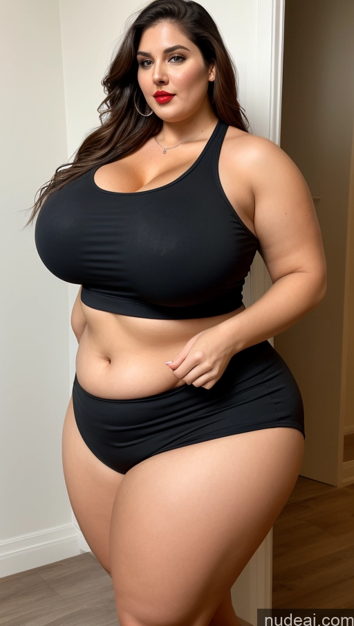 ai nude image of araffe woman in a black top and black panties posing for a picture pics of Huge Boobs Lipstick Big Ass Abs Chubby Fairer Skin Indian Long Hair Tank Top