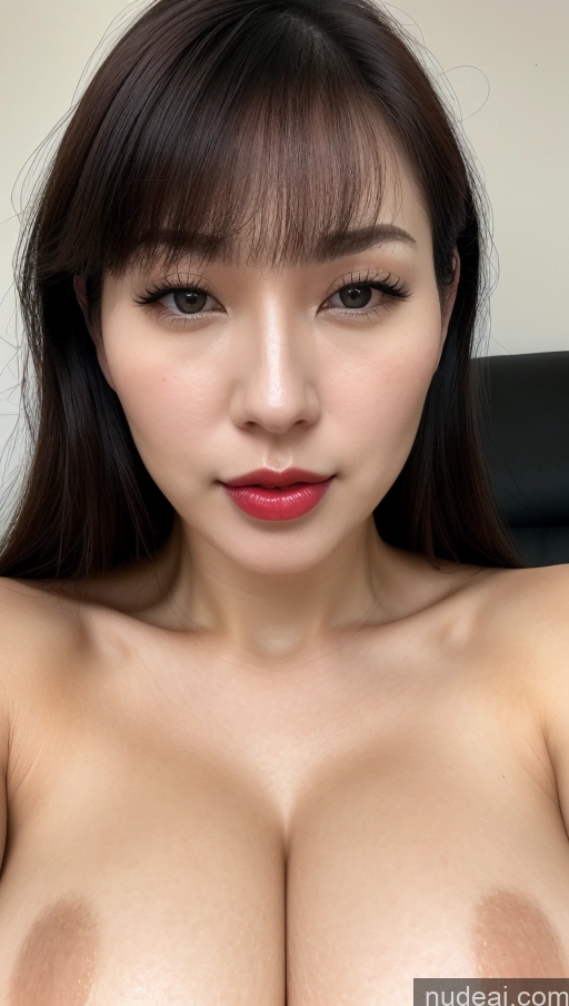 ai nude image of a close up of a woman with a big breast posing for a picture pics of Woman One Beautiful Simple Nude 30s Black Hair Huge Boobs Lipstick Fairer Skin Korean Close-up View Bangs