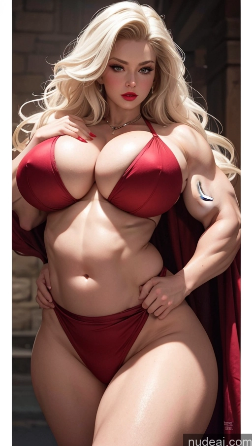 ai nude image of a close up of a woman in a red bikini posing for a picture pics of Huge Boobs Lipstick Muscular Big Ass Abs Fat Big Hips Fairer Skin Medieval Long Hair