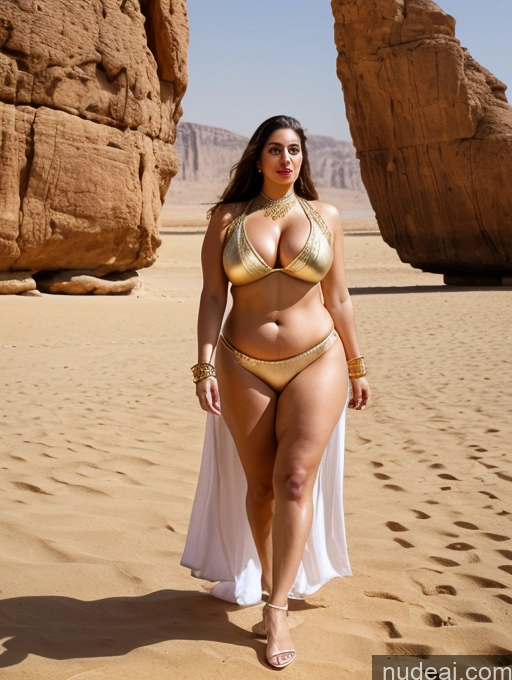 ai nude image of araffe woman in a bikini walking in the desert pics of Huge Boobs Lipstick Muscular Big Ass Abs Chubby Fat Big Hips Long Hair Fairer Skin Arabic Medieval Traditional Partially Nude Detailed Gold Jewelry Jewelry Oasis ((maxmonolith))