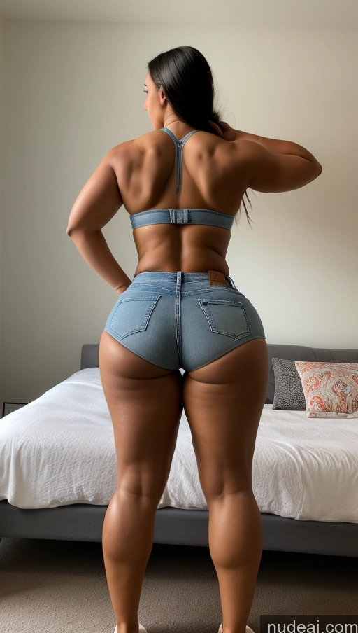 ai nude image of araffe woman in a blue bikini top and jeans standing in a bedroom pics of Athlete Big Hips Big Ass Bedroom Back View Jeans