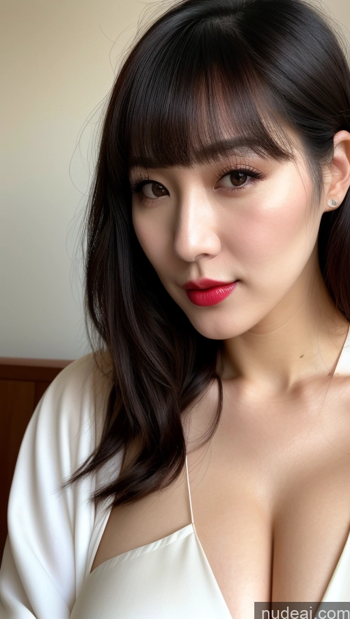 ai nude image of araffed asian woman with a white top and red lipstick pics of Woman One Beautiful Simple 30s Black Hair Huge Boobs Lipstick Fairer Skin Korean Close-up View Bangs Kimono