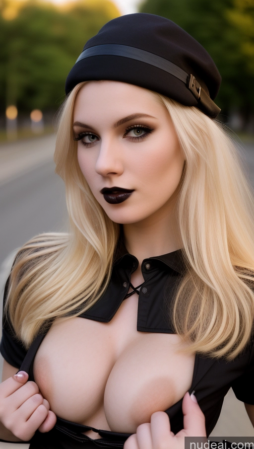 ai nude image of blond woman with big breast wearing a black hat and black shirt pics of Model One Perfect Boobs Beautiful Long Hair Fairer Skin 18 Blonde Russian Street Close-up View Goth Bra Pull Down