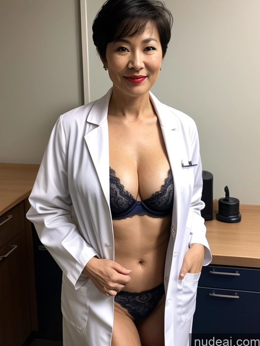 ai nude image of arafed woman in a lab coat posing for a picture pics of Milf Perfect Boobs Lipstick Pixie Asian Bra Doctor Lab Coat Cleavage Partially Nude Dark Lighting Detailed 50s