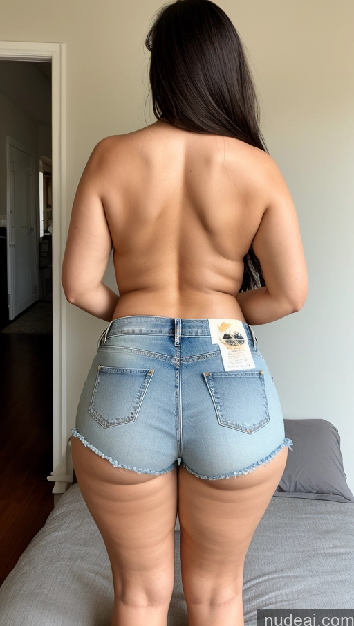 ai nude image of araffed woman in a short jean shorts standing on a bed pics of Milf Busty Big Ass Big Hips Pubic Hair Fairer Skin Korean Black Hair 70s Back View Daisy Dukes Partially Nude Chubby Fat