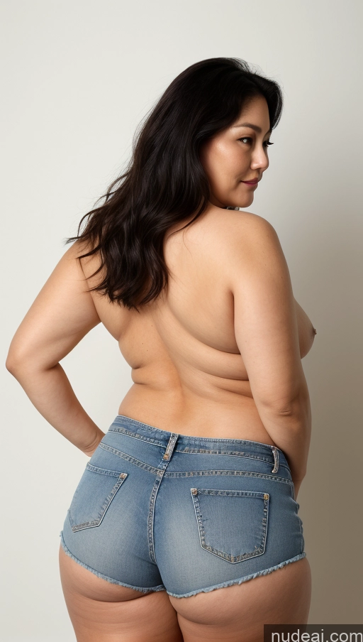 ai nude image of arafed woman in a short jean shorts posing for a picture pics of Milf Busty Big Ass Big Hips Pubic Hair Fairer Skin Korean Black Hair 70s Back View Daisy Dukes Partially Nude Chubby Fat