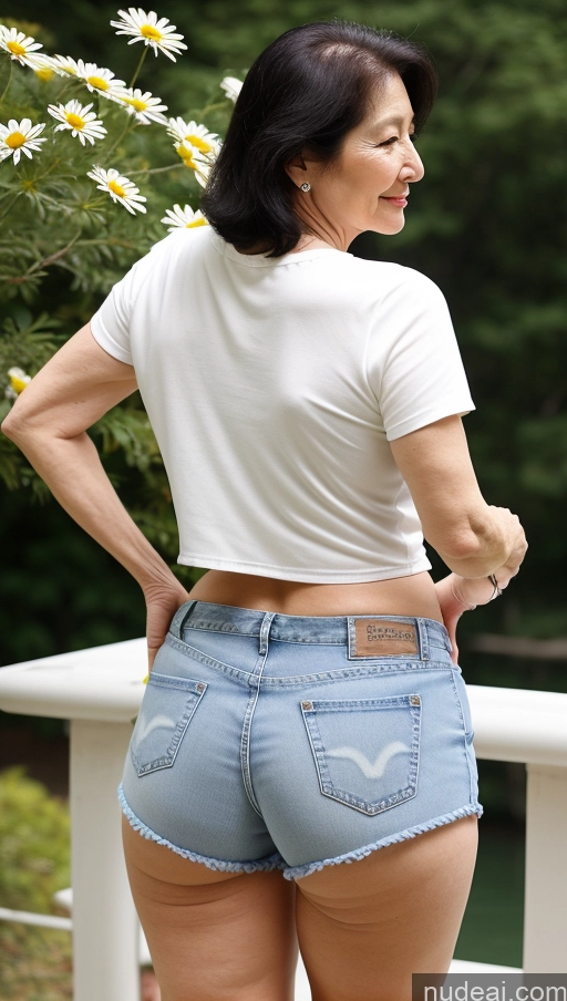 ai nude image of araffe woman in a white shirt and blue shorts standing on a porch pics of Milf Busty Big Ass Big Hips Pubic Hair Fairer Skin Korean Black Hair 70s Daisy Dukes Back View