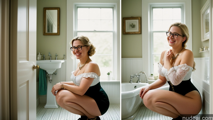 ai nude image of there is a woman kneeling on the floor in a bathroom pics of Woman One Small Tits Short Chubby Glasses Fairer Skin 18 Happy Blonde German Film Photo Front View Jewelry Bright Lighting Detailed Slicked Bathroom Squatting Victorian Cleavage