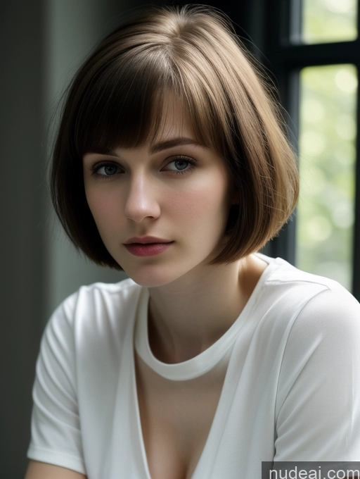 ai nude image of arafed woman with short hair and a white shirt looking at the camera pics of Woman One Small Tits Beautiful Skinny 18 Brunette Short Hair Russian Close-up View Dark Lighting Fairer Skin Shirt