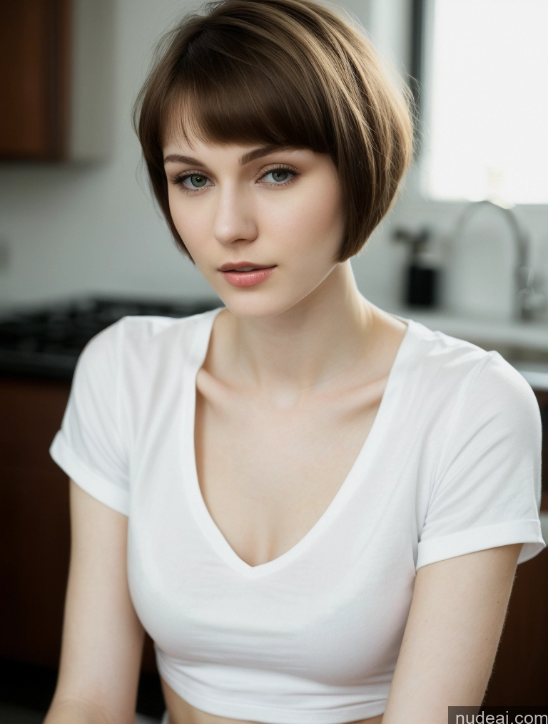 ai nude image of arafed woman in white shirt sitting in kitchen with a knife in her hand pics of Woman One Small Tits Beautiful Skinny 18 Brunette Short Hair Russian Close-up View Fairer Skin Shirt