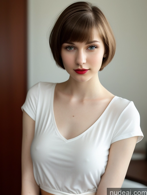 ai nude image of arafed woman with short hair and a white shirt posing for a picture pics of Woman One Small Tits Beautiful Skinny 18 Brunette Russian Close-up View Fairer Skin Shirt Lipstick Short Hair