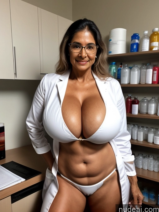 ai nude image of arafed woman in a white lab coat posing for a picture pics of Milf One Busty Huge Boobs Tanned Skin 70s Indian Front View Lab Coat Microkini Professor Thong