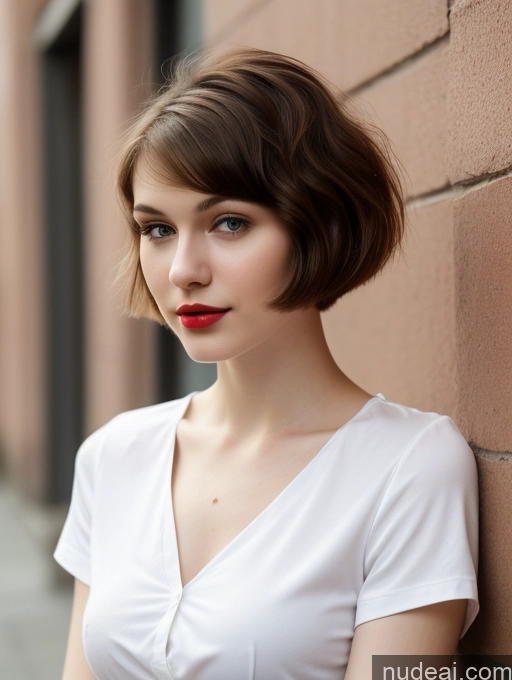 ai nude image of arafed woman with short hair and red lipstick leaning against a brick wall pics of Woman One Small Tits Beautiful Skinny 18 Brunette Russian Close-up View Fairer Skin Shirt Lipstick Short Hair