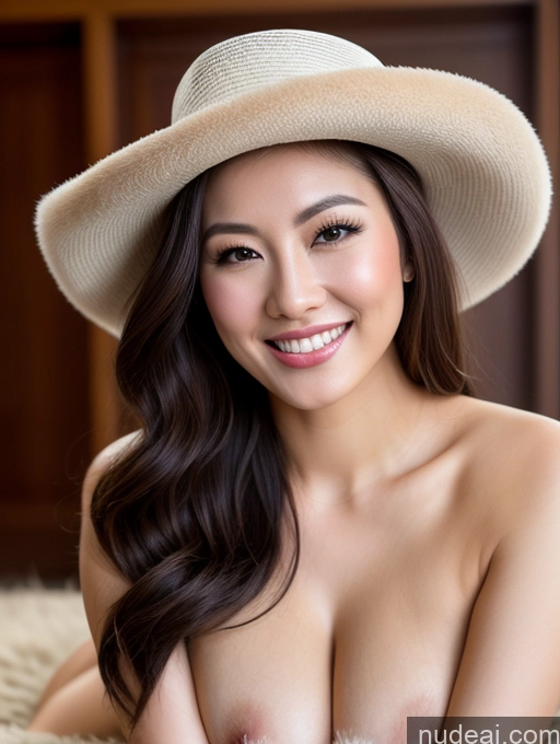 ai nude image of arafed asian woman with big breast wearing a hat and posing for a picture pics of Busty Beautiful 20s Brunette Bangs Nude On Back Skinny Happy Laughing Western Hat Perfect Boobs Chinese Fur