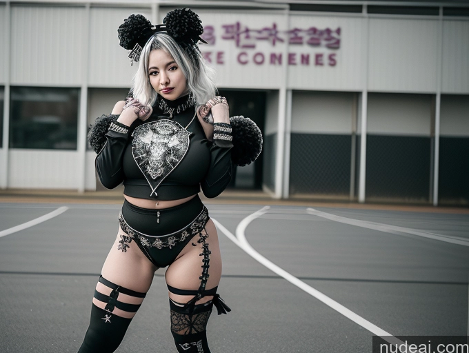 ai nude image of there is a woman in a black outfit posing for a picture pics of Milf Two Huge Boobs Big Ass Big Hips 18 White Hair Korean Cheerleader Gothic Punk Girl