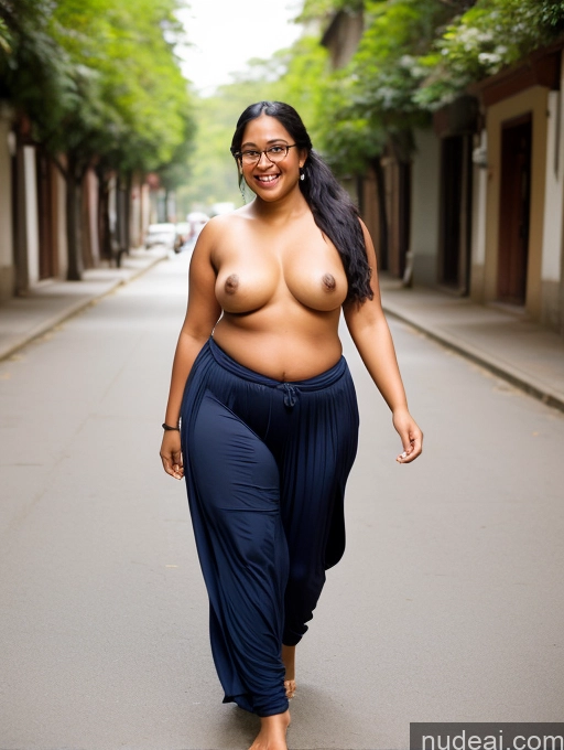 ai nude image of araffe woman walking down a street with a big breast pics of Happy Black Hair Film Photo Front View Topless Woman Glasses Harem Pants One Ponytail Indian Dark Skin 20s Fat Chubby Street Sari Salwar