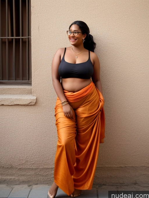 ai nude image of there is a woman standing against a wall wearing a skirt pics of Happy Black Hair Film Photo Front View Topless Woman Glasses Harem Pants One Ponytail Indian Dark Skin 20s Fat Chubby Street Sari Salwar