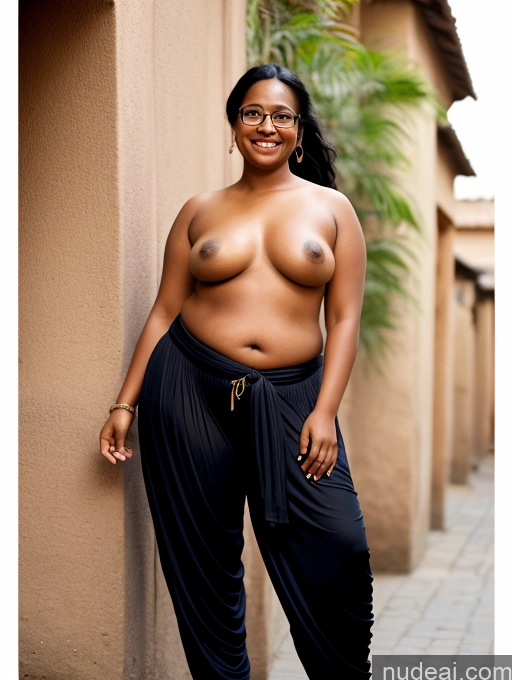 ai nude image of arafed woman with glasses posing for a picture in front of a building pics of Happy Black Hair Film Photo Front View Topless Woman Glasses Harem Pants One Ponytail Indian Dark Skin 20s Fat Chubby Street Sari Salwar