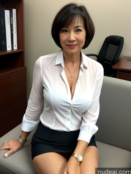 ai nude image of woman sitting on a chair in an office wearing a white shirt and black skirt pics of Milf Short Hair Asian Secretary Professor Suit Casual Blouse Bra Cleavage Partially Nude Dark Lighting Office 70s