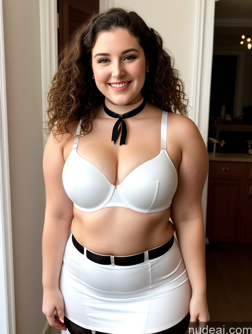 ai nude image of there is a woman in a white skirt and black tie pics of Beautiful Small Tits Fairer Skin Short Thick Chubby 18 Happy Curly Hair Front View Choker Micro Skirt Push-up Bra Stylish Suspender Belt Dark Lighting Stockings Blouse Party