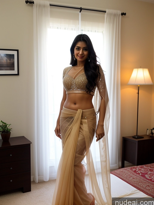 ai nude image of araffe woman in a sari posing in a bedroom pics of Perfect Boobs Beautiful Abs Perfect Body 30s Black Hair Long Hair Indian Bedroom Sari Model Transparent