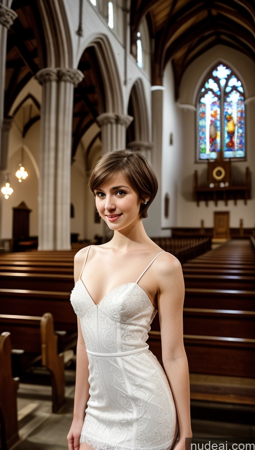 ai nude image of arafed woman in a white dress standing in a church pics of Small Tits Beautiful Fairer Skin 18 Brunette Short Hair Russian Small Ass Skinny Dress Detailed Wedding Church