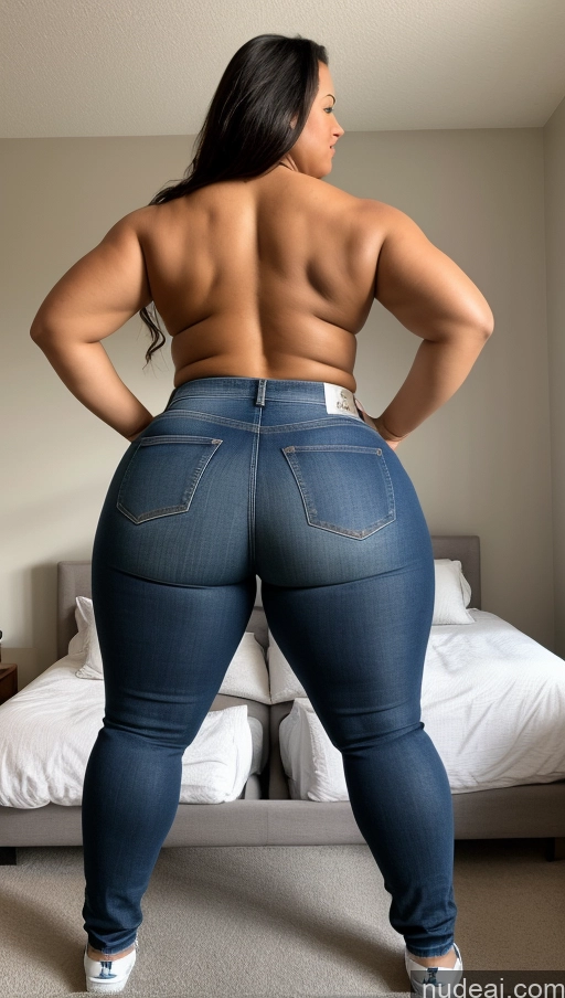 ai nude image of araffe woman in jeans standing on a bed with a white bed pics of Athlete Big Hips Big Ass Bedroom Jeans