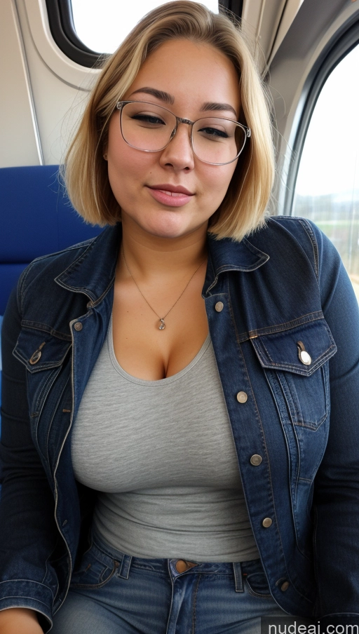 ai nude image of woman wearing glasses and a denim jacket sitting on a train pics of Chubby Glasses 18 Blonde Short Hair White Train Front View Jeans Cleavage Detailed Transparent Thick Cumshot Fat Wife Or Girlfriend Orgasm Jacket