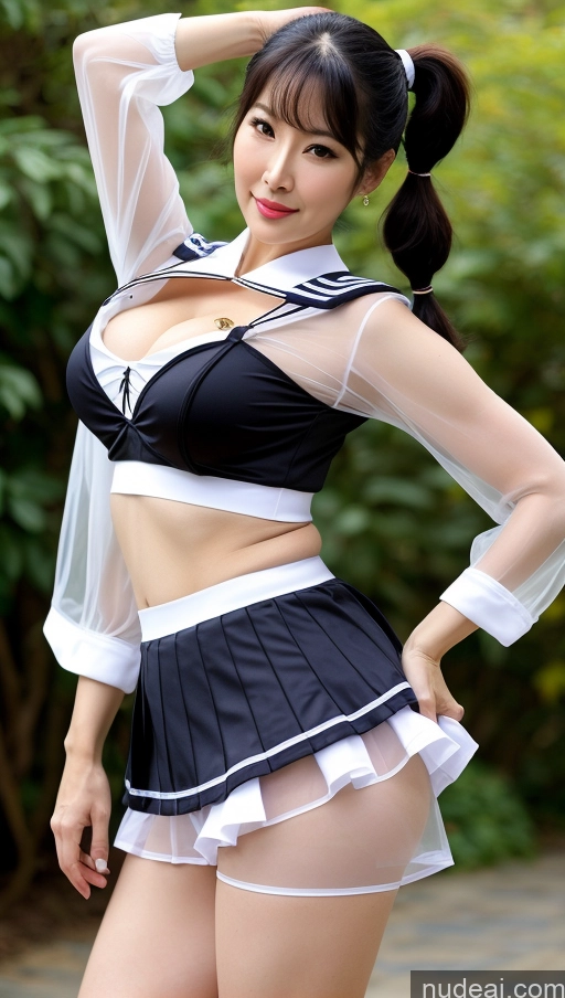 ai nude image of arafed asian woman in a black and white uniform posing for a picture pics of Milf Busty Pubic Hair Fairer Skin Black Hair Big Hips Big Ass 70s Sailor Mini Skirt Korean Pigtails Transparent