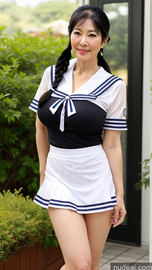 ai nude image of there is a woman in a sailor outfit posing for a picture pics of Milf Busty Pubic Hair Fairer Skin Black Hair Big Hips Big Ass 70s Sailor Mini Skirt Korean Pigtails Transparent