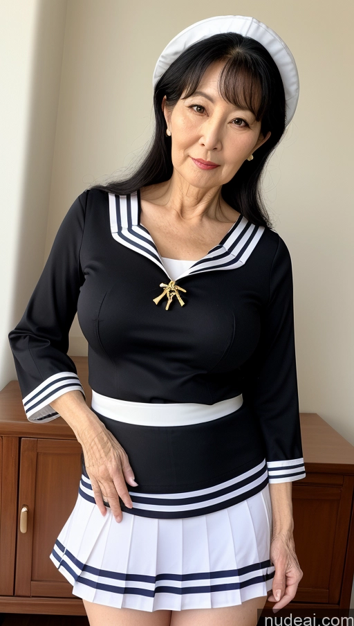 ai nude image of there is a woman in a sailor outfit posing for a picture pics of Milf Busty Pubic Hair Fairer Skin Black Hair Big Hips Big Ass 70s Sailor Mini Skirt Korean