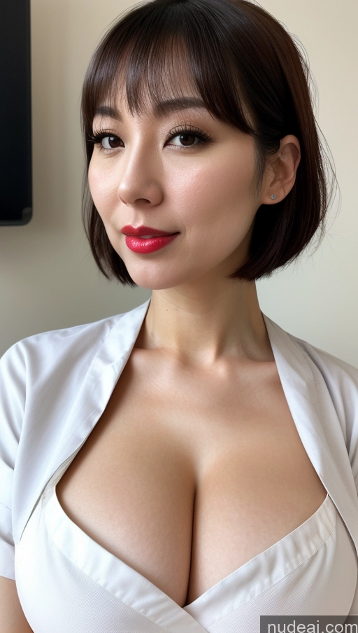 ai nude image of arafed asian woman with a white top and red lipstick pics of Woman One Huge Boobs Beautiful Lipstick Fairer Skin 30s Black Hair Bobcut Japanese Close-up View Detailed Nurse