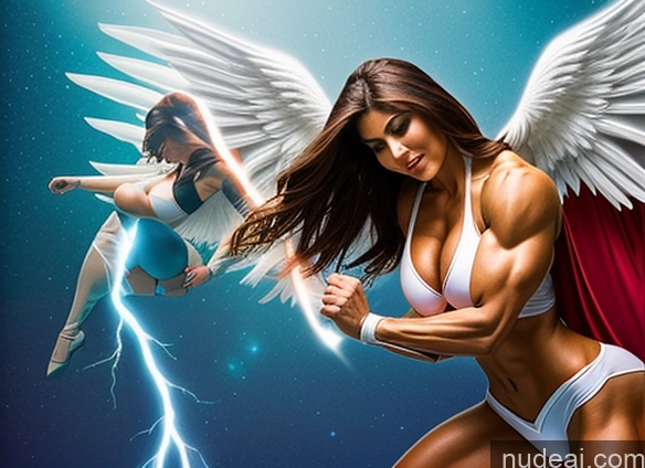 ai nude image of there is a woman with wings on her body and a woman with a cape on pics of Perfect Boobs Bodybuilder Powering Up Superhero Angel