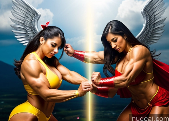 ai nude image of two women in yellow and red outfits are fighting with each other pics of Perfect Boobs Bodybuilder Powering Up Superhero Angel