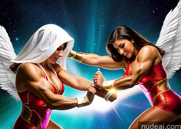 ai nude image of two women in red and gold costumes are fighting with each other pics of Perfect Boobs Bodybuilder Powering Up Superhero Angel